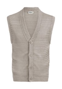 Hellgrauer Strickwesten mit V-Ausschnitt, ärmellosem Design, das ein strukturiertes Muster und fünf Knopfverschlüsse auf der Vorderseite aufweist.