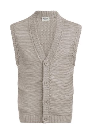 Chandail en tricot gris clair avec un col en V, sans manches, présentant un motif texturé et cinq boutons sur le devant.