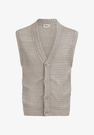Hellgrauer Strickwesten mit V-Ausschnitt, ärmellosem Design, das ein strukturiertes Muster und fünf Knopfverschlüsse auf der Vorderseite aufweist.