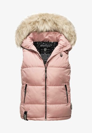 Ružičasti pufasti prsluk s umjetnom krznenom kapuljačom, s prednjim patentnim zatvaračem i dva bočna džepa. Ima kviltanu teksturu i podstavu s crno-bijelim točkicama.