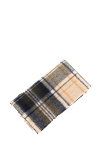 Écharpe en laine pliée avec un motif à carreaux beige, marine, gris et orange sur fond blanc.