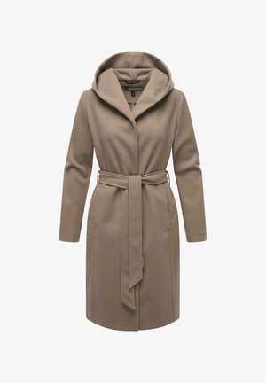 Cappotto in misto lana beige con grande cappuccio, maniche lunghe e vita con cintura. Presenta tasche laterali e dettagli di design minimalisti.