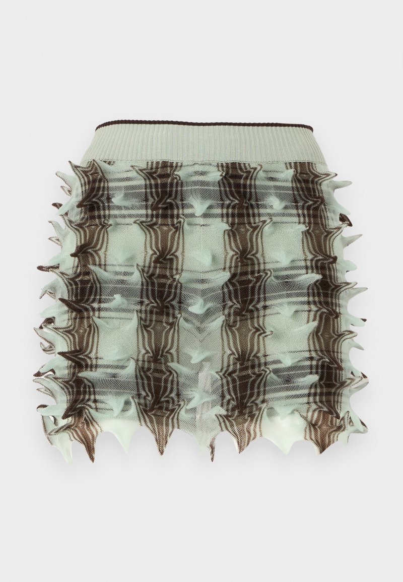 Mintgrøn rynket nederdel med et burdesign, der har brune ternede mønstre og spidse kanter. Elastisk talje for god pasform.