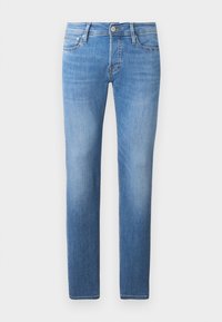 Modré džíny z denimu se rovnými nohavicemi, s knoflíkovým a zipovým zapínáním, pěti kapsami a mírně vybledlým vzhledem.