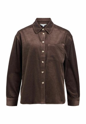 Braune Corduroy-Hemdjacke mit langen Ärmeln, Brusttasche und klassischem Kragen, auf einem weißen Hintergrund präsentiert.