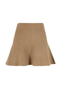 Egy szövetből készült, világosbarna, térd feletti, bő szoknya. Simaságával és letisztult sziluettjével, kiemelkedő derekát és egy egyszerű, elegáns vonalát mutatja.