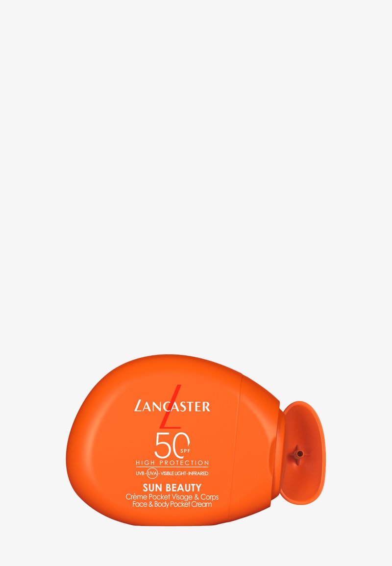 Lys oransje Lancaster SPF 50 solbeskyttelseslomme krem med flip-top lokk, designet for bruk i ansikt og på kropp.