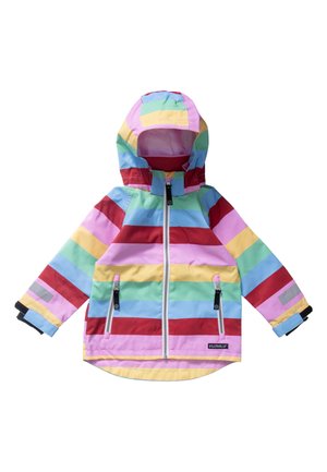 Kinder-Regenjacke mit Kapuze und horizontalen Streifen in Pastellrosa, Gelb, Grün, Blau und Rot, zwei mit Reißverschluss verschließbare Fronttaschen und verstellbaren Bündchen.