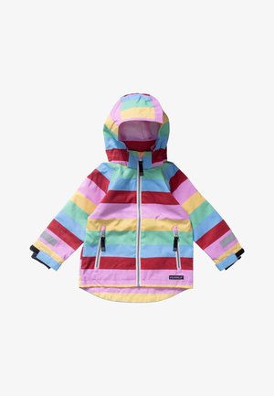 Chaqueta impermeable con capucha para niños, con rayas horizontales en tonos pastel rosa, amarillo, verde, azul y rojo, dos bolsillos frontales con cremallera y puños ajustables.
