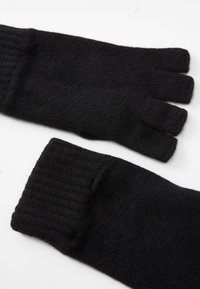 Black fingerless gloves made of ribbed knit material, featuring a smooth texture and a snug fit, with open fingertips and a wide cuff.