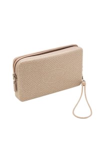 Beige zippered wallet with textured, sparkling surface and logo. Features a wrist strap and a rectangular shape with rounded edges.