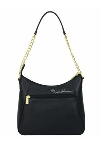 Zwarte leren handtas met een afgeronde vorm, gouden ketting en leren schouderband, met een voorste ritsvak en een logo aan de zijkant.