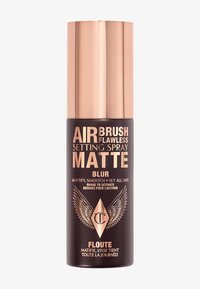 Black spray bottle with a metallic rose gold cap. Features bold white and gold text for "Airbrush Flawless Setting Spray Matte" and decorative wing design.