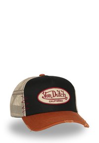 Casquette noire avec une visière marron, dos en maille et coutures rouges. Présente un patch ovale crème avec le texte "Von Dutch California". Détails vieillis présents.