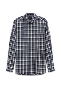 Camicia da uomo a maniche lunghe con motivo a quadri blu navy, bianco e beige, chiusura con bottoni, colletto e taschino sul petto. Tessuto in misto cotone.