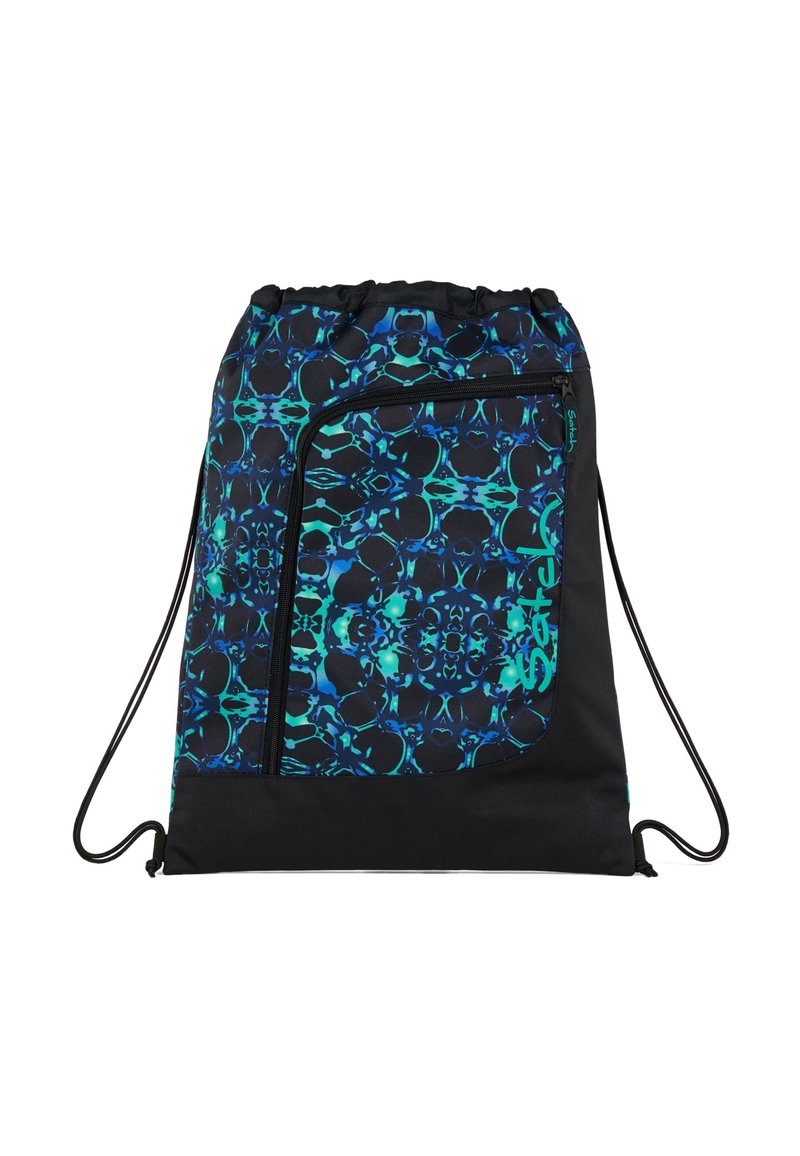Drawstring bag with a black base, featuring a blue and green abstract pattern. Includes a zip pocket on the front. Made of durable fabric.