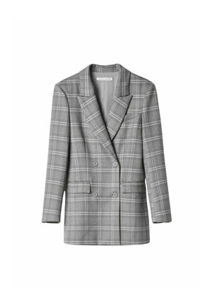 Blazer doppiopetto grigio a quadri con revers a punta, due tasche frontali e chiusura a bottoni, caratterizzato da un design strutturato e una texture morbida.