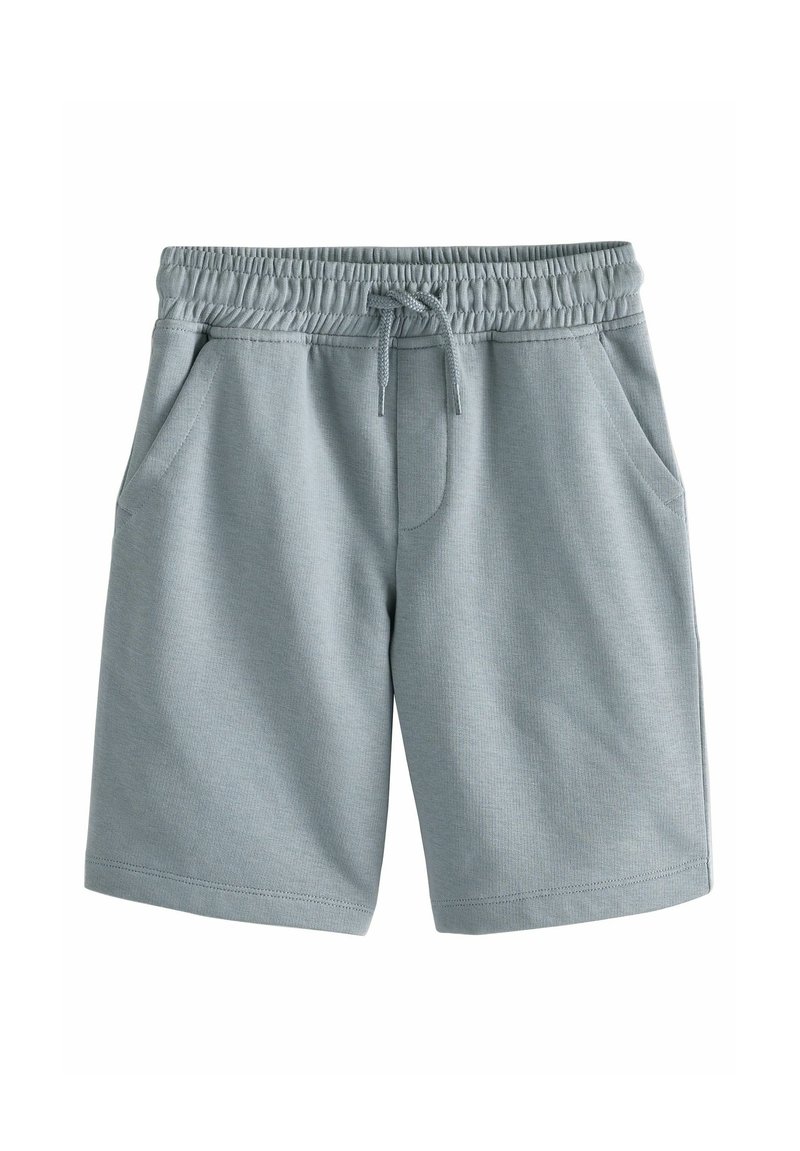 Hellblaue Sportshorts aus weichem Stoff, mit einem elastischen Bund und einem Zugband sowie Seitentaschen. Dünner Stoff, knielang.