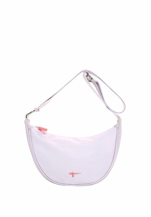 Light purple crescent-shaped shoulder bag with adjustable strap and small pink zipper pull and logo on front.