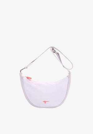 Hellviolette, halbmondförmige Schultertasche mit verstellbarem Riemen, kleinem rosa Reißverschlussanhänger und Logo vorne.