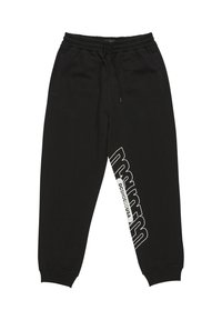 Schwarze Baumwoll-Jogginghosen mit elastischem Bund und Kordelzug. Mit weißem Logotext entlang des linken Beins. Verjüngte Bündchen an den Knöcheln.