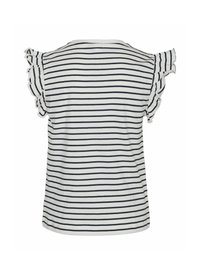 T-shirt a righe bianca e blu navy, con maniche corte a balze e scollatura rotonda, realizzata in un tessuto morbido e leggero.