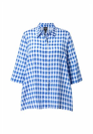 Blauw-wit geblokt overhemd met een kraag, driekwartmouwen en een losse pasvorm. Gemaakt van lichtgewicht, textuurstof.