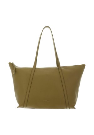 Sac cabas en cuir vert olive avec longues poignées, fermeture éclair et logo discret de la marque centré près du bas.