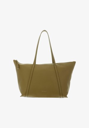 Sac cabas en cuir vert olive avec longues poignées, fermeture éclair et logo discret de la marque centré près du bas.