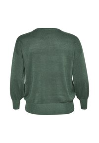 Groene gebreide trui met een subtiele glans, lange mouwen en een geribde zoom. Heeft een relaxte pasvorm en een ronde halsontwerp. Gladde textuur.