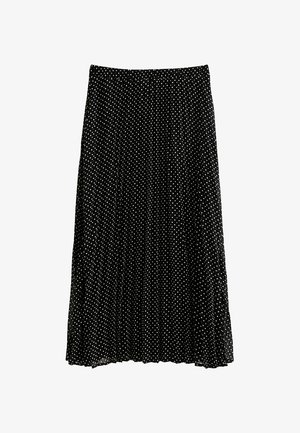 Schwarzer plissierter Rock mit weißen Punkten, elastischem Bund, halbtransparentem Stoff, knielang und glatter Textur.