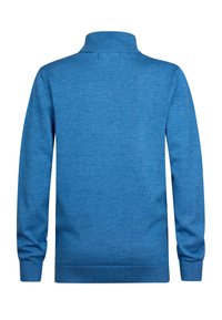 Blauer Pullover mit hohem Kragen und langen Ärmeln. Hergestellt aus glattem Strickstoff, einfarbig ohne Muster oder Akzente.
