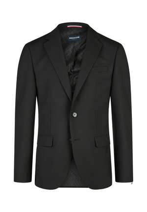 Czarna, jednorzędowa marynarka męska z klapami z wycięciem, dwoma przednimi kieszeniami z patką oraz dwoma guzikami, podszyta wzorzystą tkaniną.