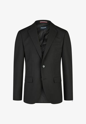 Czarna, jednorzędowa marynarka męska z klapami z wycięciem, dwoma przednimi kieszeniami z patką oraz dwoma guzikami, podszyta wzorzystą tkaniną.