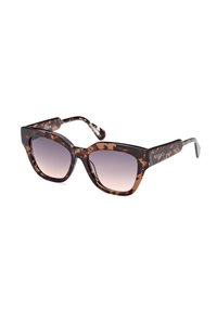 Occhiali da sole tortoiseshell marroni con una montatura audace e angolare. Le lenti a gradiente passano da scure a chiare. Presentano un brand discreto sul lato.