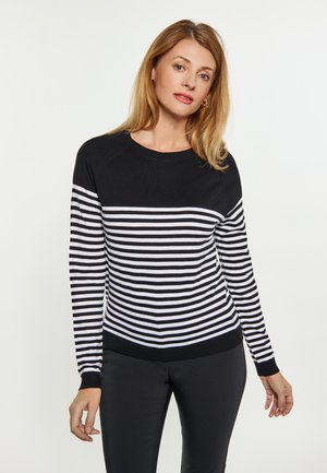 Zwart-wit gestreepte pullover trui met een ronde hals en geribde manchetten. Gladde textuur, aansluitend ontwerp en lange mouwen.
