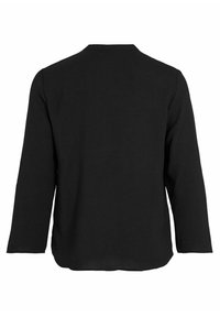 Chemise noire à manches longues avec encolure ronde, vue de dos, design simple avec ourlet légèrement arrondi et manches droites.