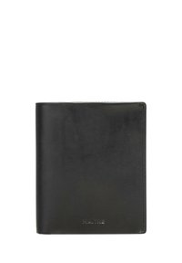 Portafoglio nero in pelle con una texture liscia, design bifold, forma quadrata e logo del marchio in rilievo nell'angolo in basso a destra.