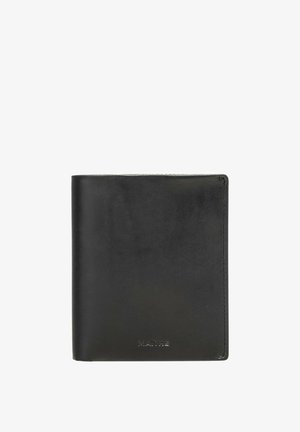 Černá kožená peněženka s hladkou texturou, dvoustranným skládacím designem, čtvercovým tvarem a vypouklým logem značky v pravém dolním rohu.