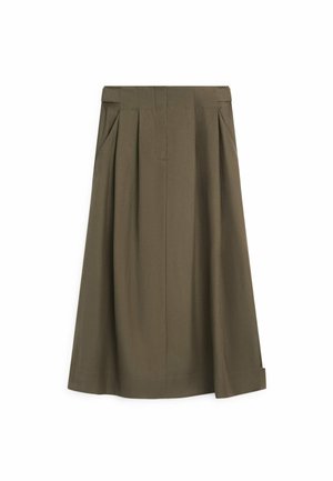 Khaki-farbener Midi-Rock in A-Linie mit breitem Bund, vorderen Falten, Seitentaschen und einem gekrempelten Saum auf der rechten Seite.