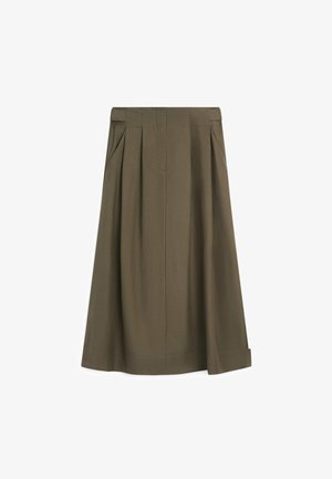 Kaki A-lijn midi-rok met brede tailleband, voorplooien, zijzakken en een omslagen zoom aan de rechterkant.