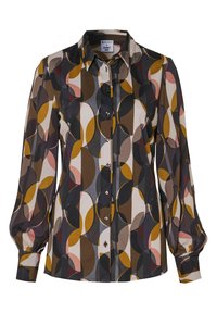 Langärmliges Hemd mit Knöpfen, buntem geometrischem Muster in Braun-, Rosa- und Gelbtönen; verfügt über einen klassischen Kragen und geknöpfte Ärmel.