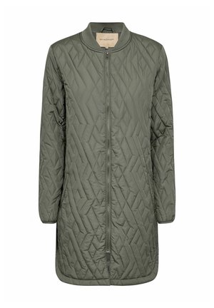 Olive green quilted jacket featuring a zip front, ribbed collar, and long sleeves, with a diamond pattern and smooth texture.