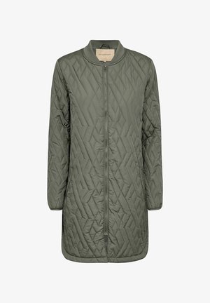 Olijfhoutgroene doorgestikte jas met een ritssluiting aan de voorkant, geribbeld kraag en lange mouwen, met een ruitpatroon en een gladde textuur.