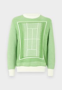 Pull en tricot vert avec un motif texturé, des poignets et un ourlet en côte blancs, et un design géométrique au centre.