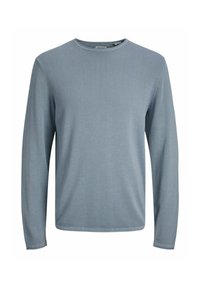 Lichtblauwe langemouwen shirt van zachte stof, met een ronde halslijn en geribbelde textuur langs de manchetten en de zoom.