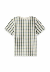 Kortærmet T-shirt i off-white med et ternet mønster i grøn og lyseblå. Fremstillet af ribbet stof med en rund halsudskæring og blød tekstur.