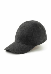 Grå ullbasebollkeps med rund topp, böjd skärm och subtil textur. Slät yta utan synliga mönster eller detaljer i hårdvara.