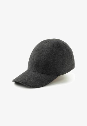 Szara wełniana czapka baseballowa z zaokrąglonym wierzchołkiem, wygiętym daszkiem i subtelną teksturą. Gładka powierzchnia bez widocznych wzorów lub detali sprzętowych.