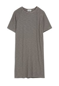 Sukienka z krótkim rękawem, długości do kolan, w poziome czarne i beżowe paski oraz z okrągłym dekoltem.